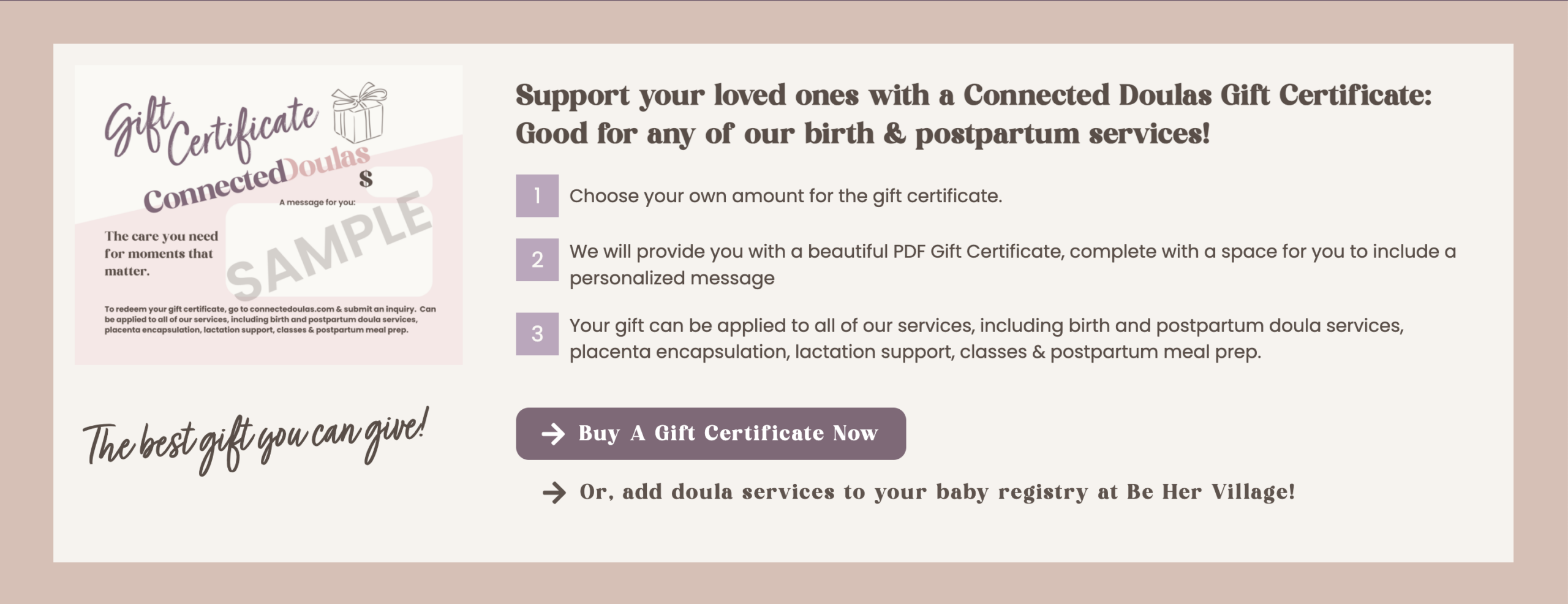 Sample gift certificate for Philadelphia Baby Registry with Connected Doulas.